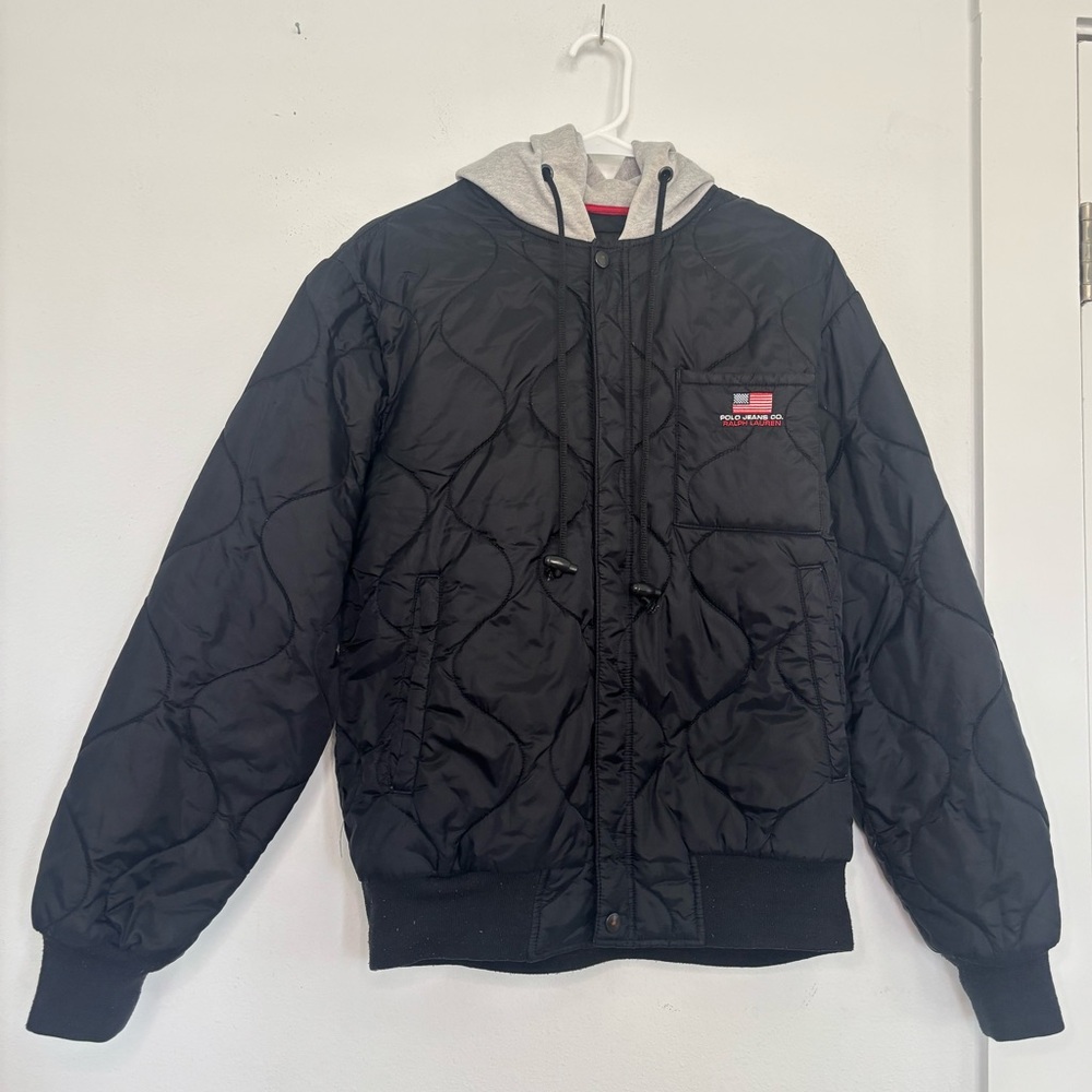 POLO RALPH LAUREN BLACK PUFFER FLAG ZIP UP HOODED JACKET SZ SMALL